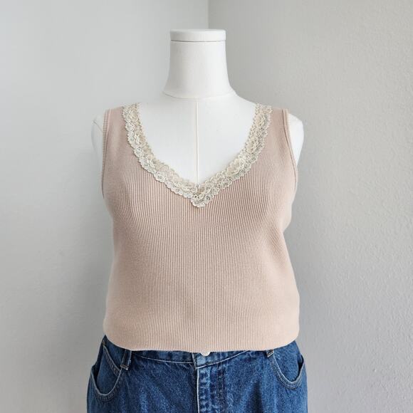 Y2K Chico’s Tan Beige Ribbed Knit Tank Top Lace Trim Stretchy Cami Size L - Picture 1 of 9